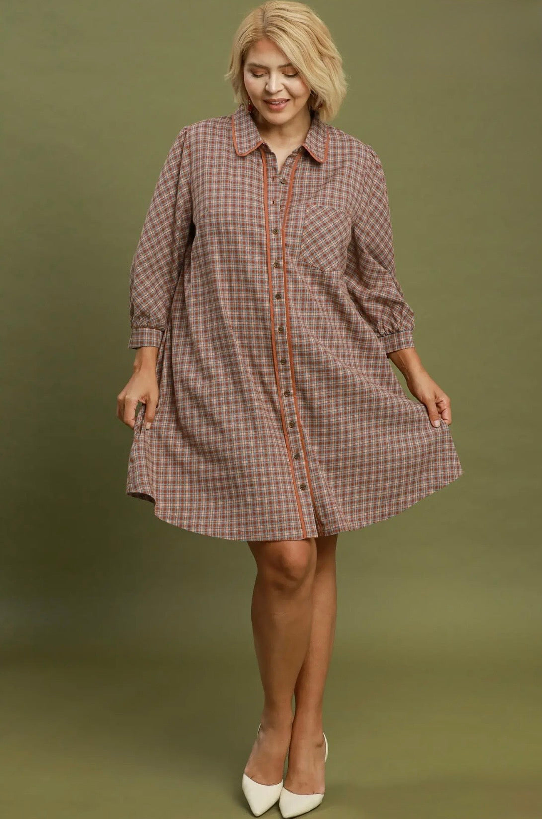 Plaid Button-Down Shirt Dress Curvy