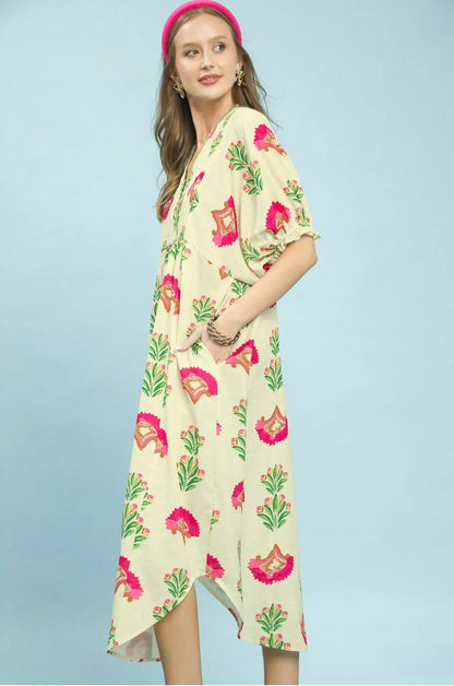 Abstract Print V-Neck Midi Dress