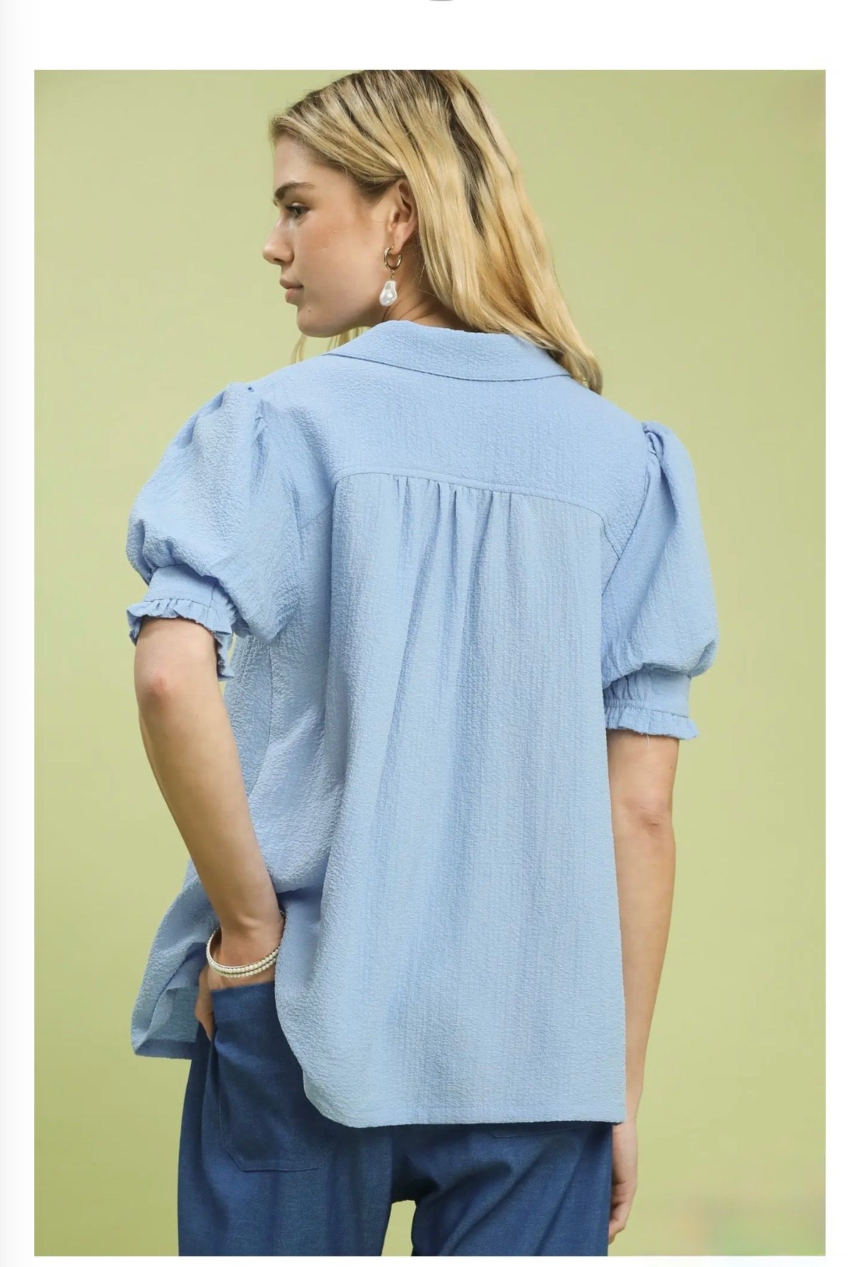 Seersucker Puff Sleeve Blouse