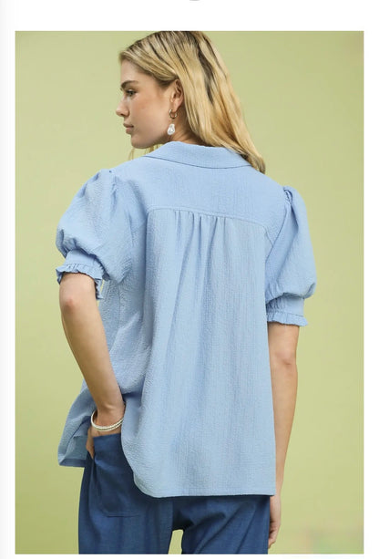 Seersucker Puff Sleeve Blouse