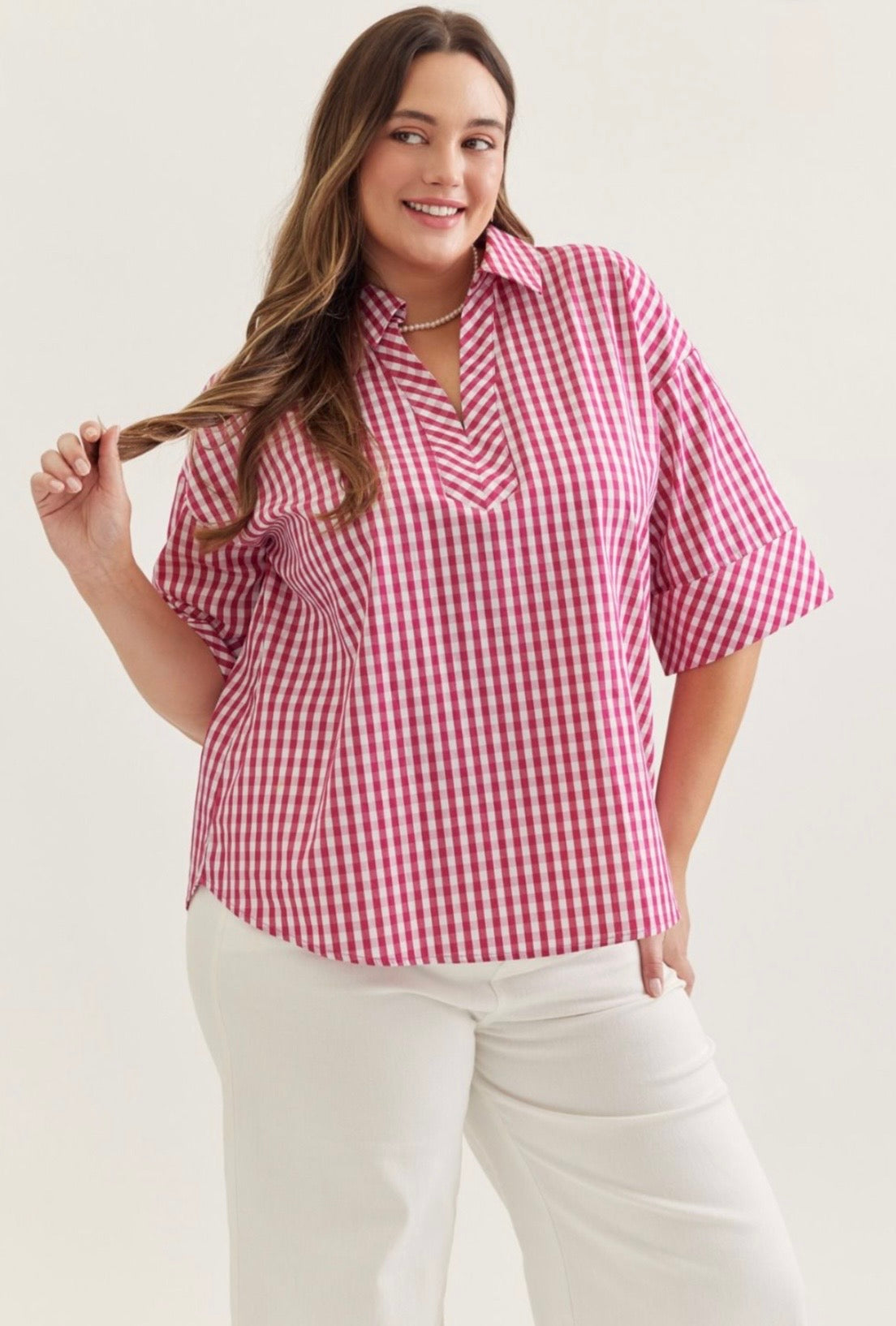 Gingham Print Collar Top Curvy
