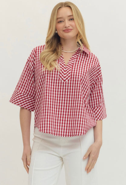 Gingham Print Collar Top Curvy