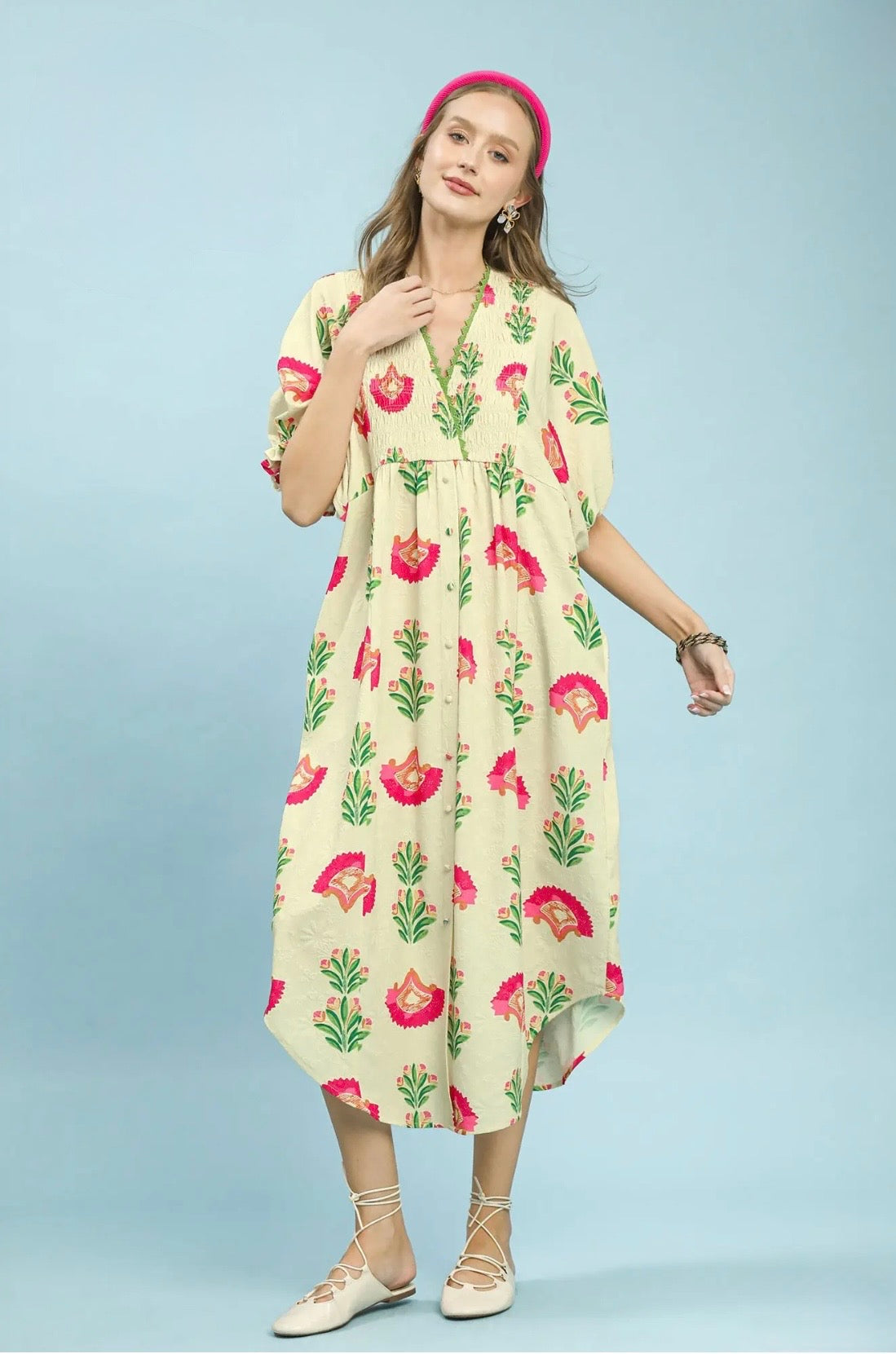 Abstract Print V-Neck Midi Dress