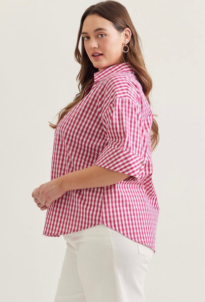 Gingham Print Collar Top Curvy