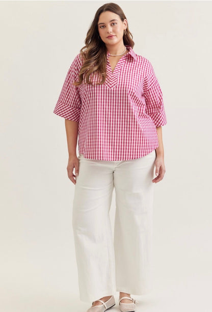 Gingham Print Collar Top Curvy