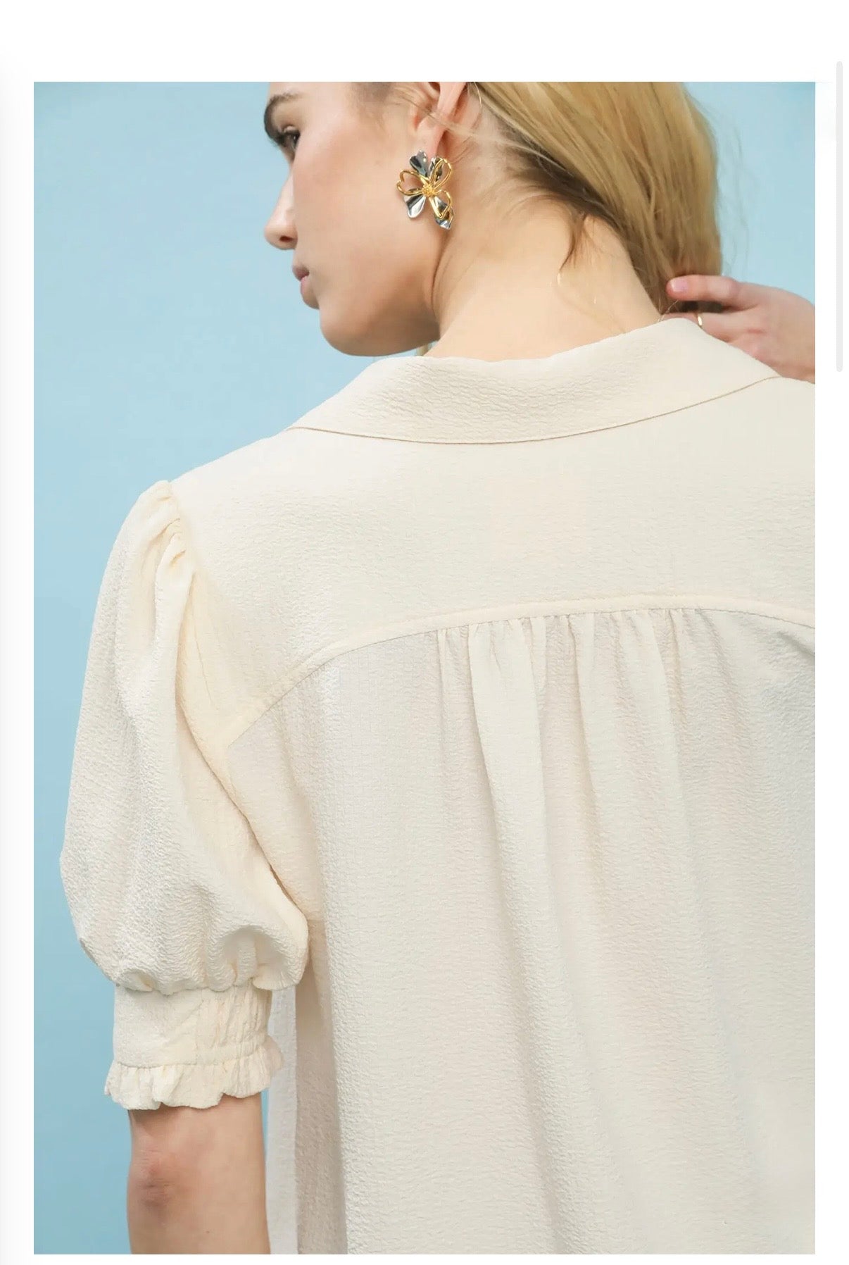 Seersucker Puff Sleeve Blouse