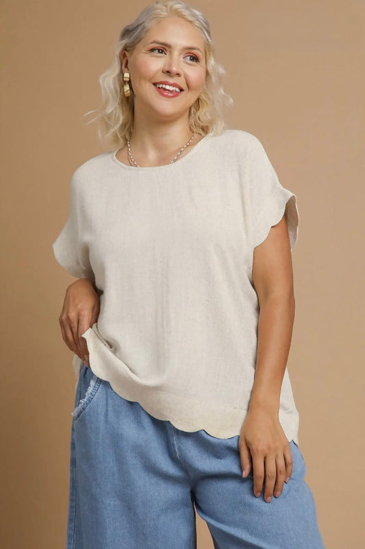 Scallop Hem Linen Blend Top Curvy