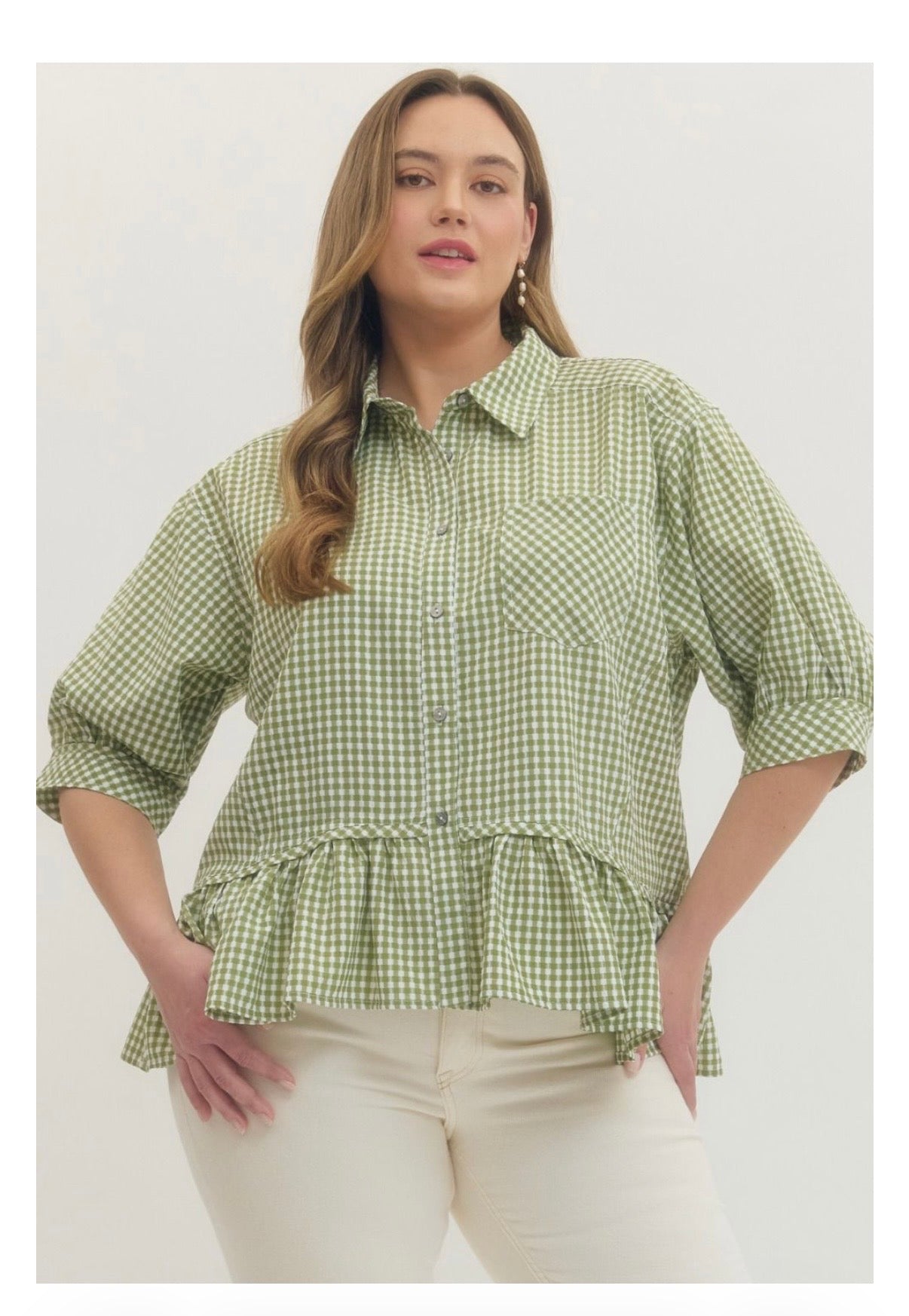 Gingham Check Button-Down Top Curvy