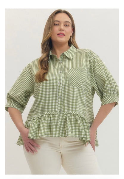Gingham Check Button-Down Top Curvy