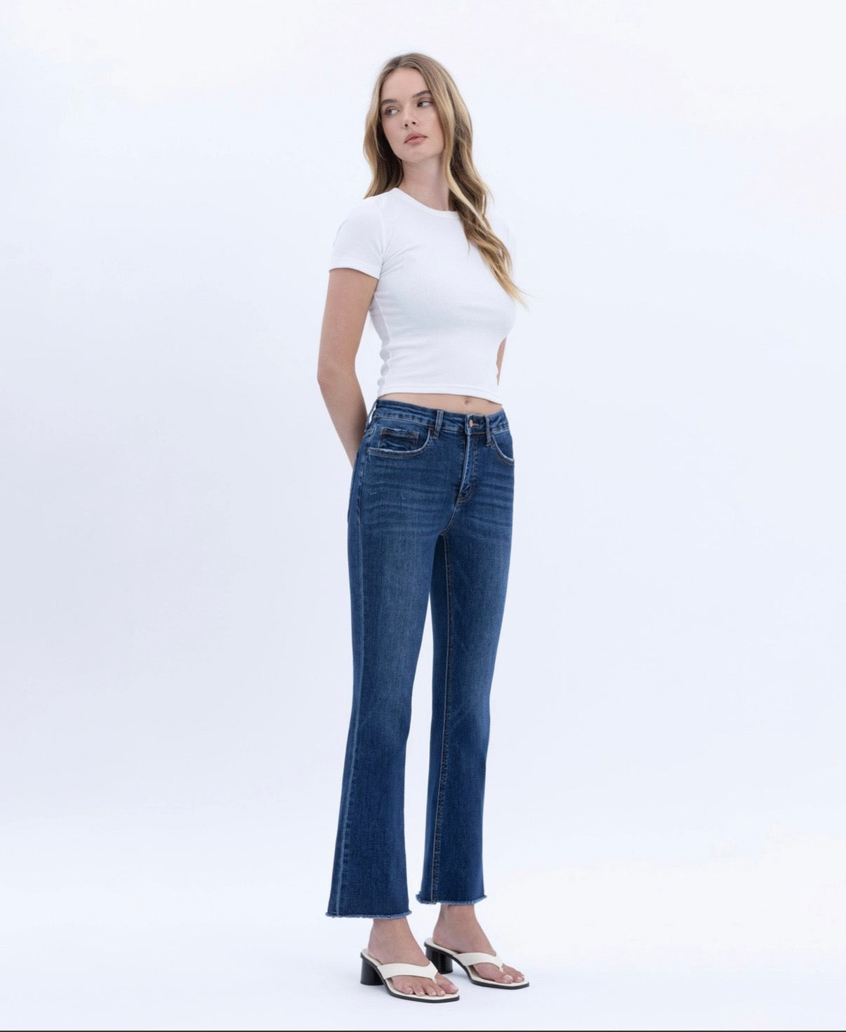 High Rise Raw Hem Kick Flare Jeans w/ Tummy Control