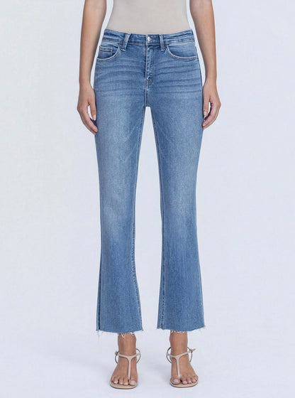 High Rise Clean Cut Raw Hem Crop Flare Jeans