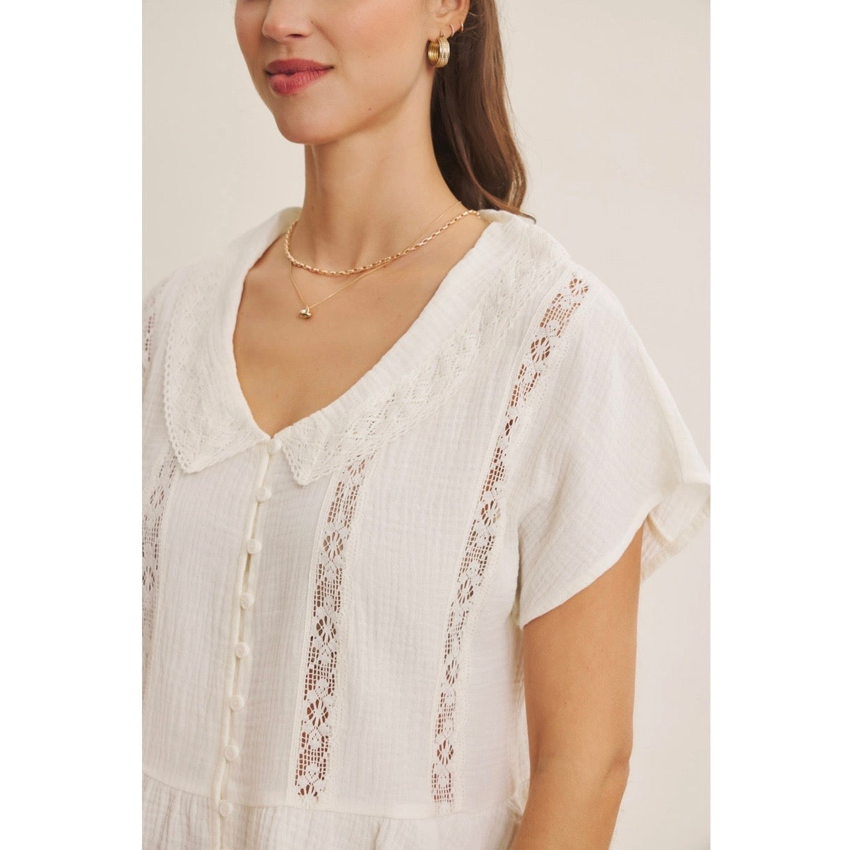 Cotton Gauze Lace Trim Babydoll Blouse