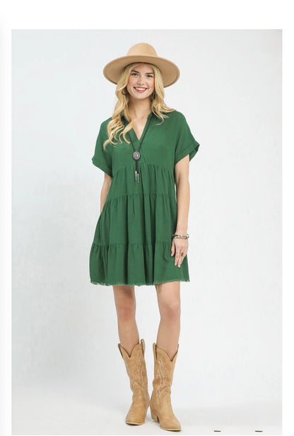 Linen Blend Tiered Babydoll Dress