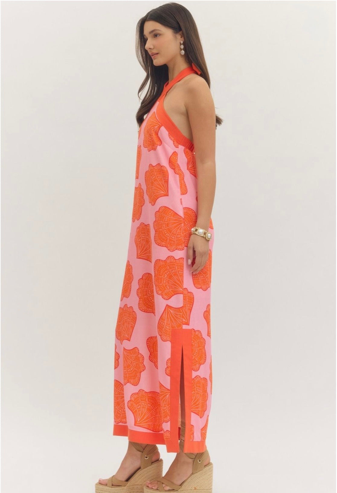 Shell Print Halter Neck Maxi