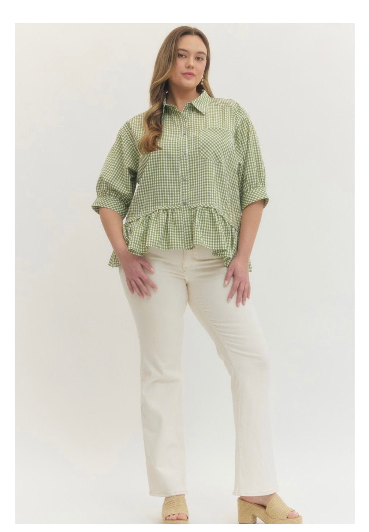 Gingham Check Button-Down Top Curvy