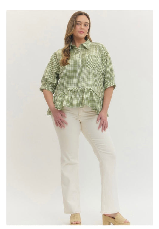 Gingham Check Button-Down Top Curvy