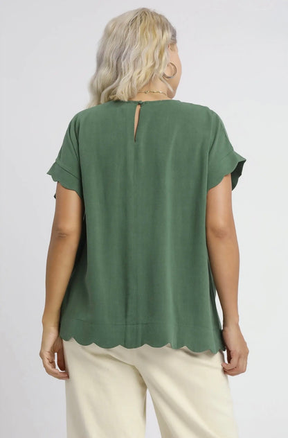 Scallop Hem Linen Blend Top Curvy