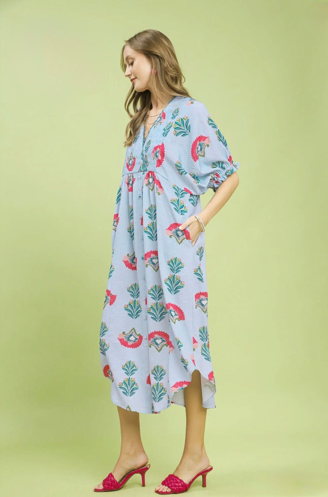 Abstract Print V-Neck Midi Dress