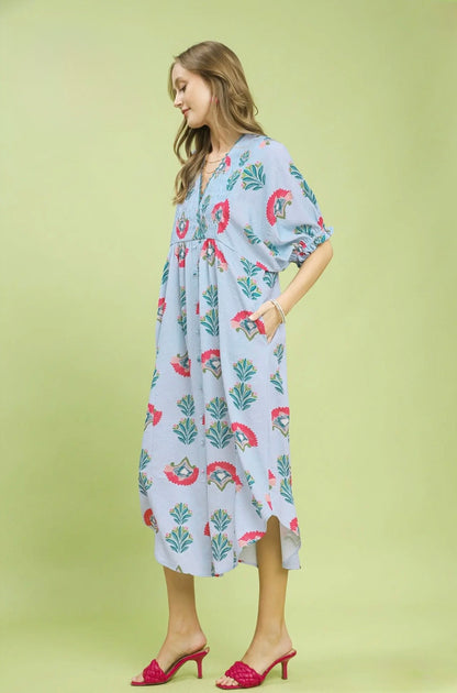 Abstract Print V-Neck Midi Dress