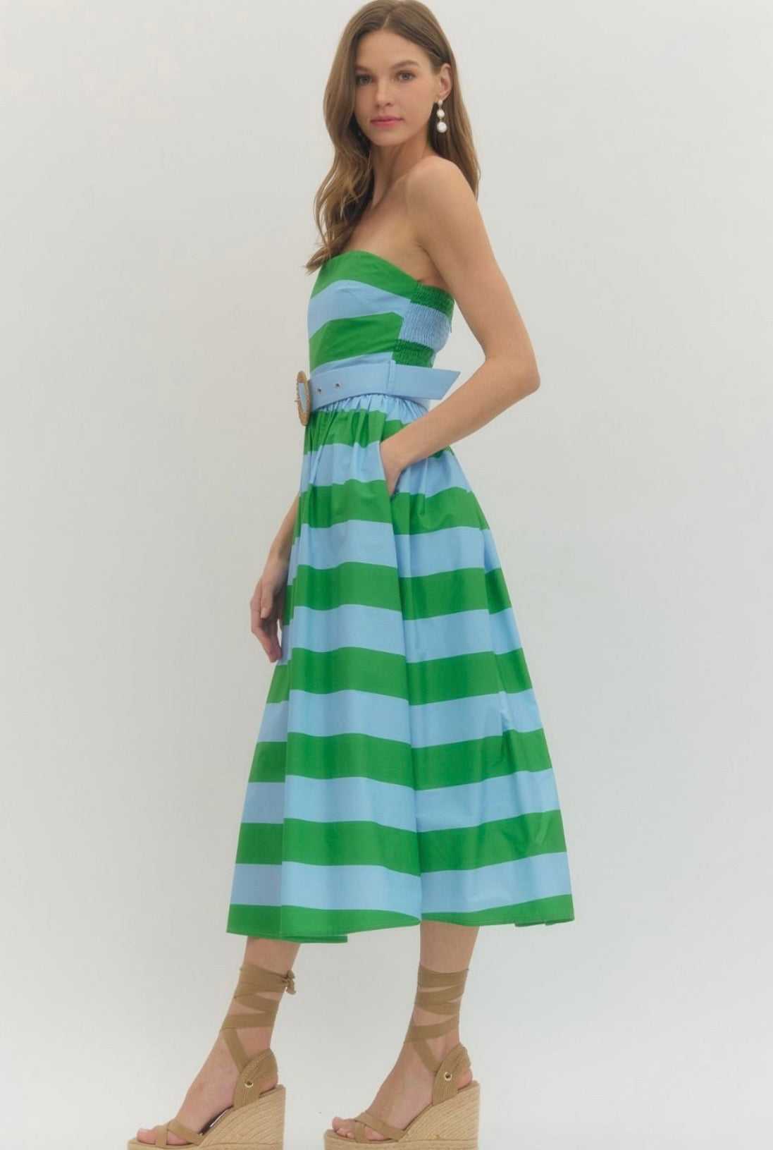 Striped Strapless Midi Dress