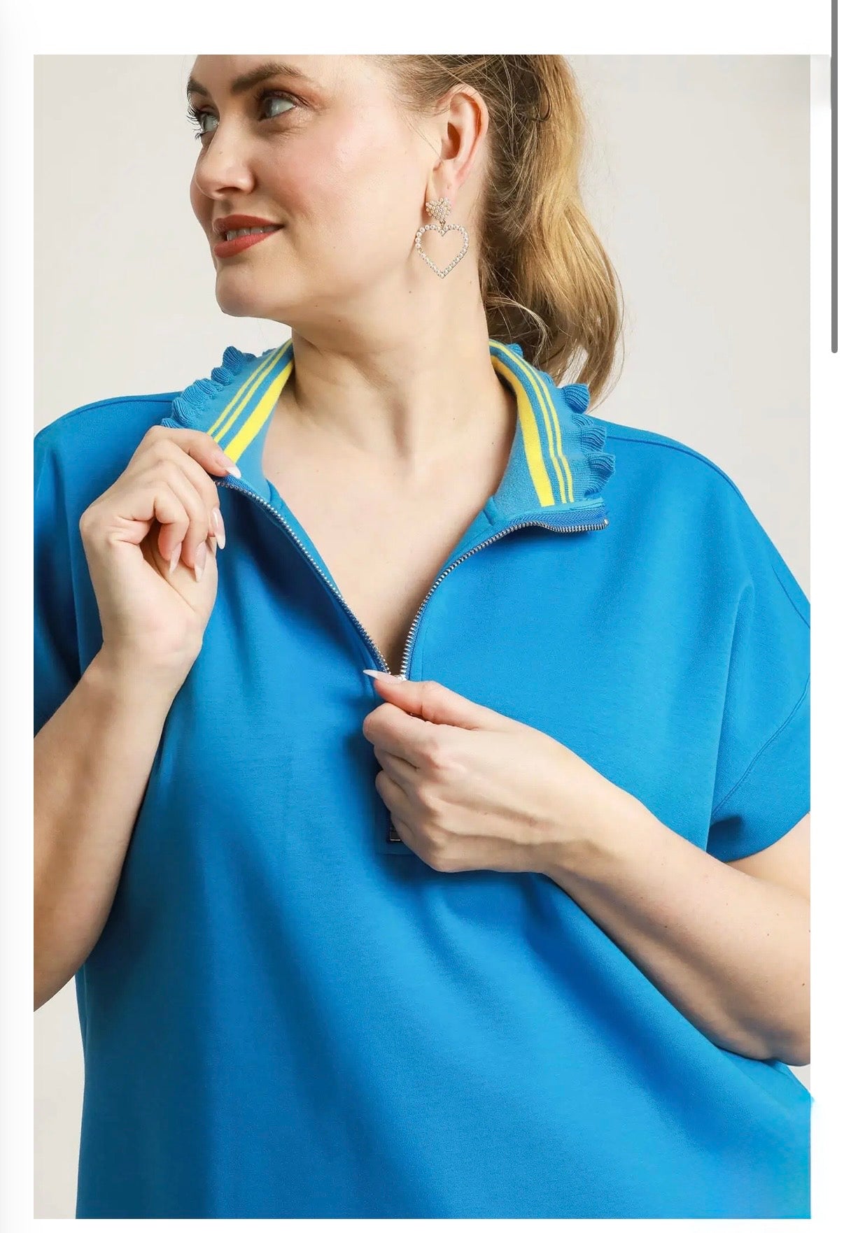 Half-Zip Ruffled Collar Top Curvy