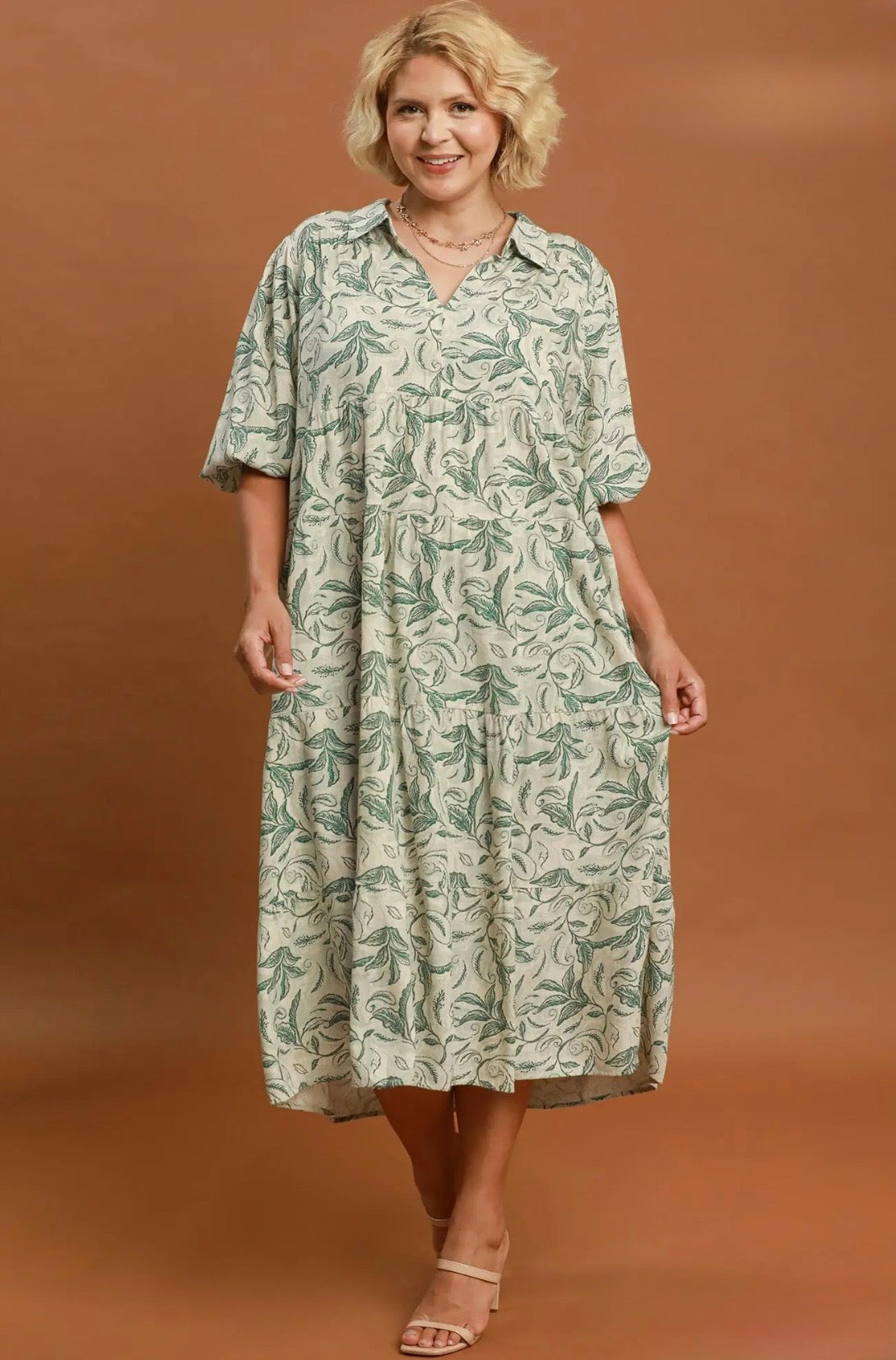Linen Botanical Tiered Midi Curvy