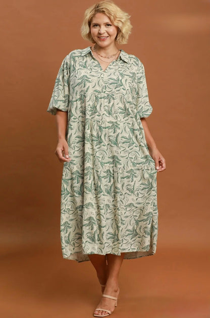 Linen Botanical Tiered Midi Curvy