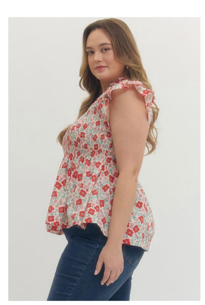 Floral Print Flutter Sleeve Top Curvy