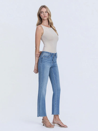High Rise Clean Cut Raw Hem Crop Flare Jeans