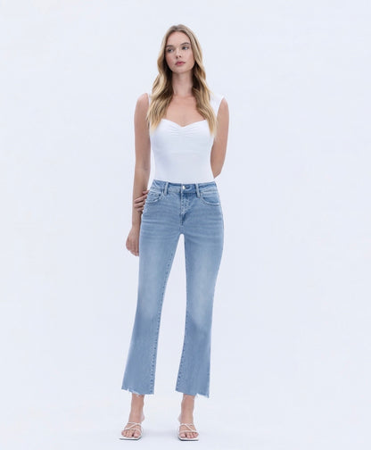 High Rise Raw Hem Kick Flare Jeans