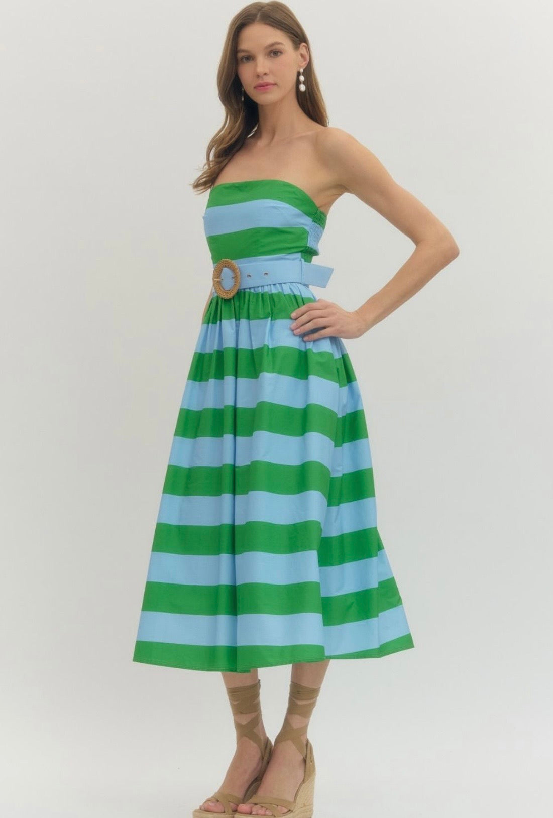 Striped Strapless Midi Dress