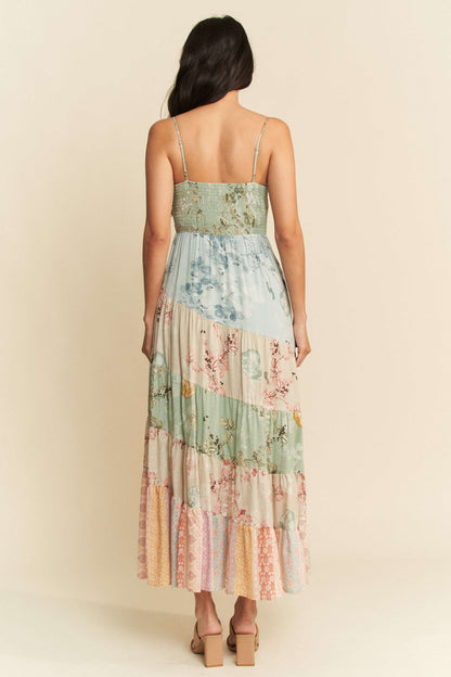 Floral Mix Print Smocked Tiered Maxi Dress