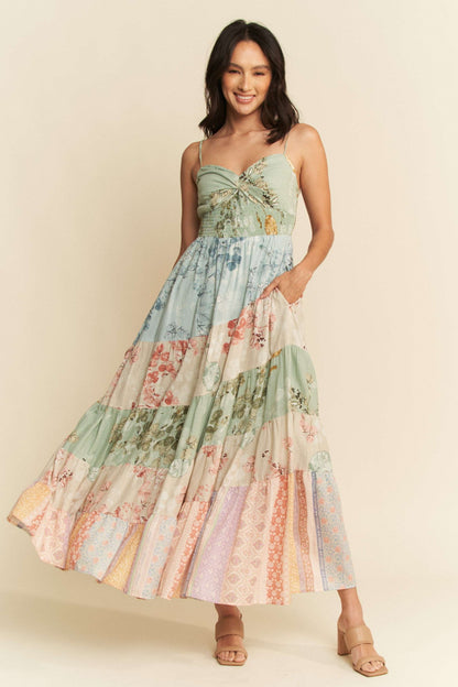 Floral Mix Print Smocked Tiered Maxi Dress