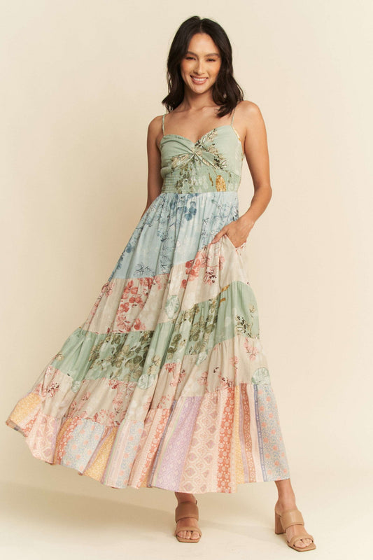 Floral Mix Print Smocked Tiered Maxi Dress
