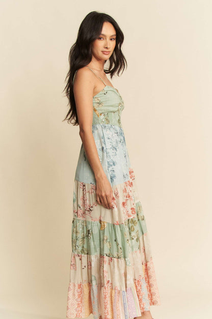 Floral Mix Print Smocked Tiered Maxi Dress