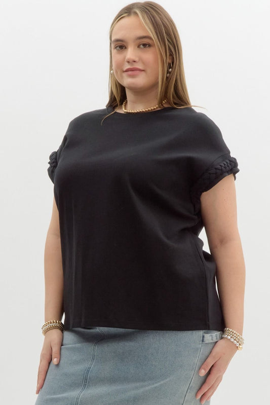 Round Neck Tee with Braided Cuff Detail