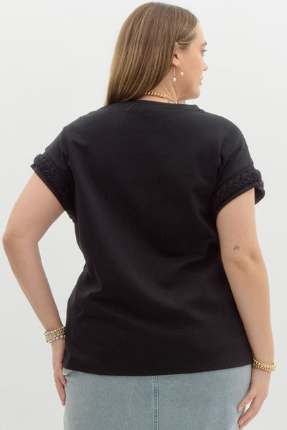 Round Neck Tee with Braided Cuff Detail