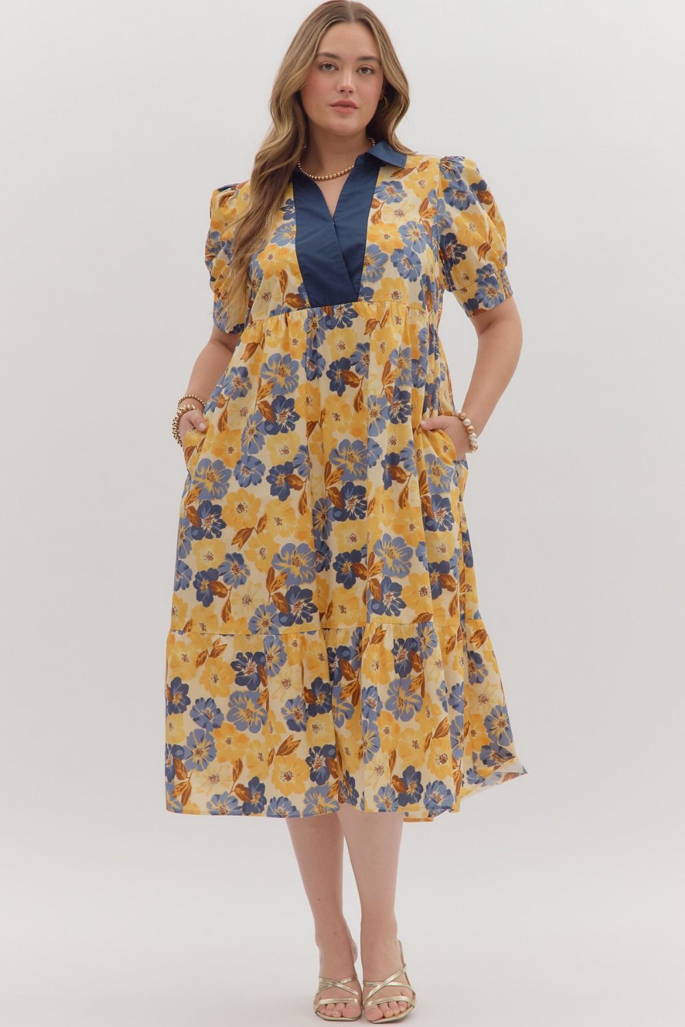 Floral Print Puff Sleeve Midi Dress