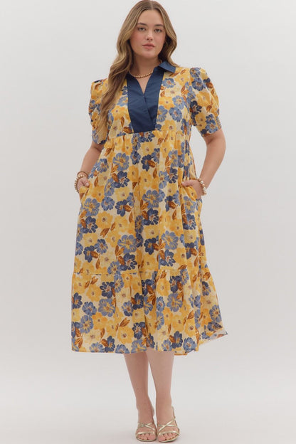 Floral Print Puff Sleeve Midi Dress