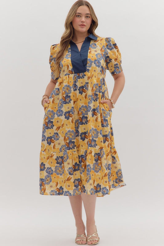 Floral Print Puff Sleeve Midi Dress