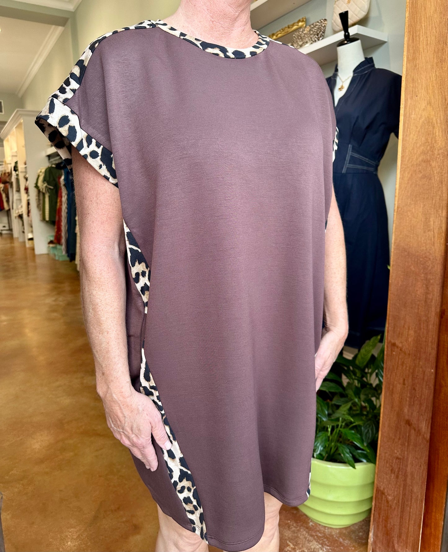 Leopard Trim Athleisure T-Shirt Dress