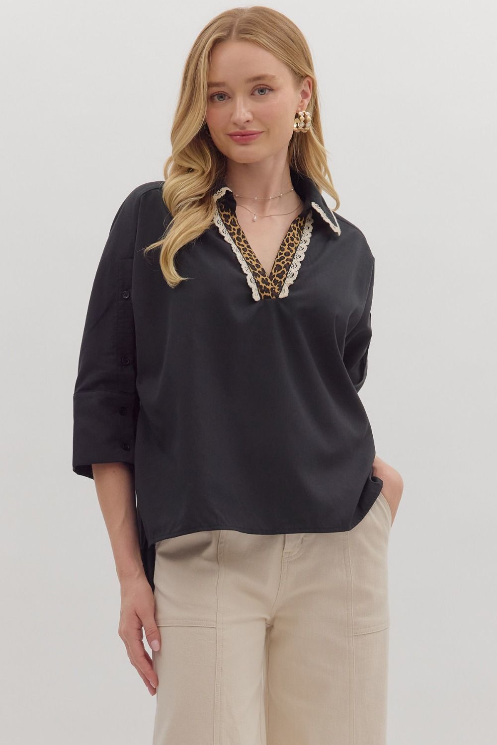 Leopard Trim V-Neck Blouse with Lace Detail