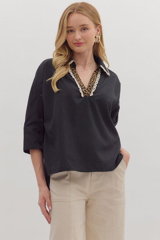 Leopard Trim V-Neck Blouse with Lace Detail