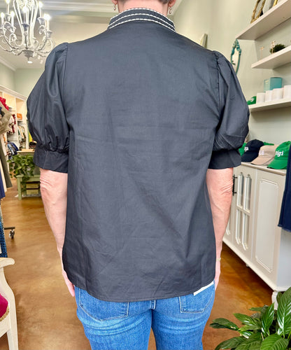 Black Embroidered Puff Sleeve Blouse