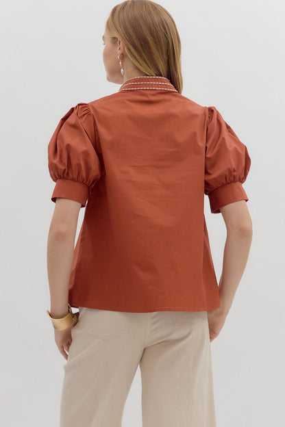 Embroidered Rust Puff Sleeve Blouse