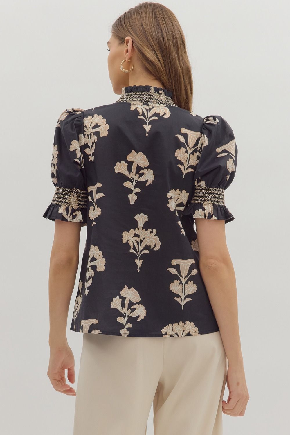 Smocked Neck Floral Puff Sleeve Blouse