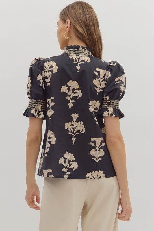 Smocked Neck Floral Puff Sleeve Blouse