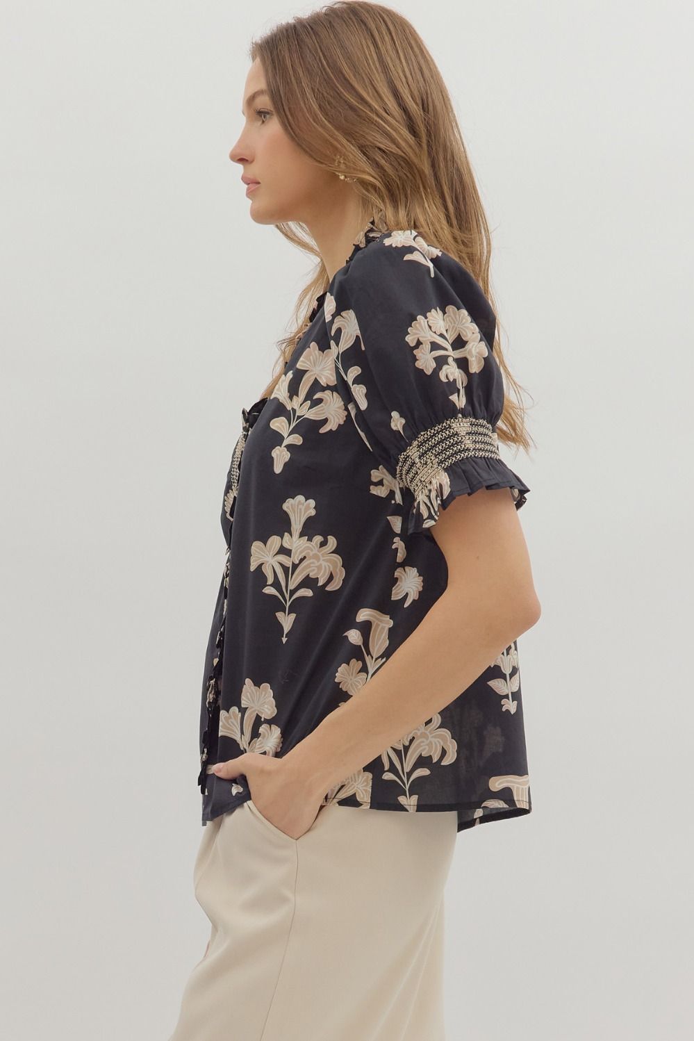 Smocked Neck Floral Puff Sleeve Blouse