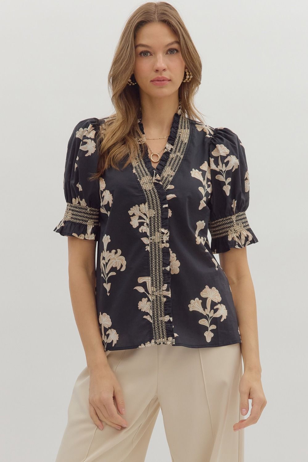 Smocked Neck Floral Puff Sleeve Blouse