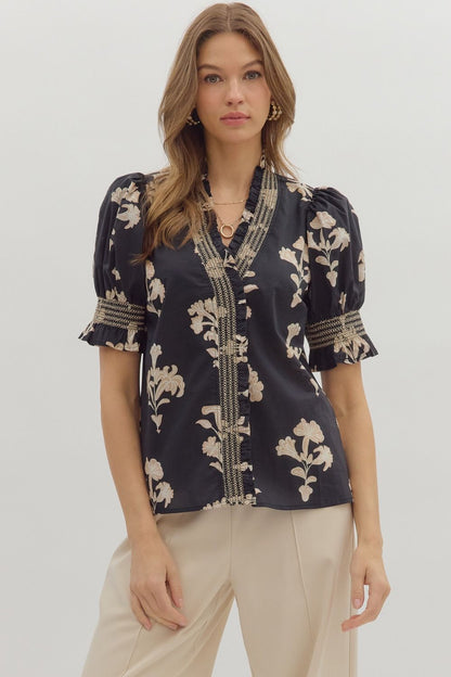 Smocked Neck Floral Puff Sleeve Blouse